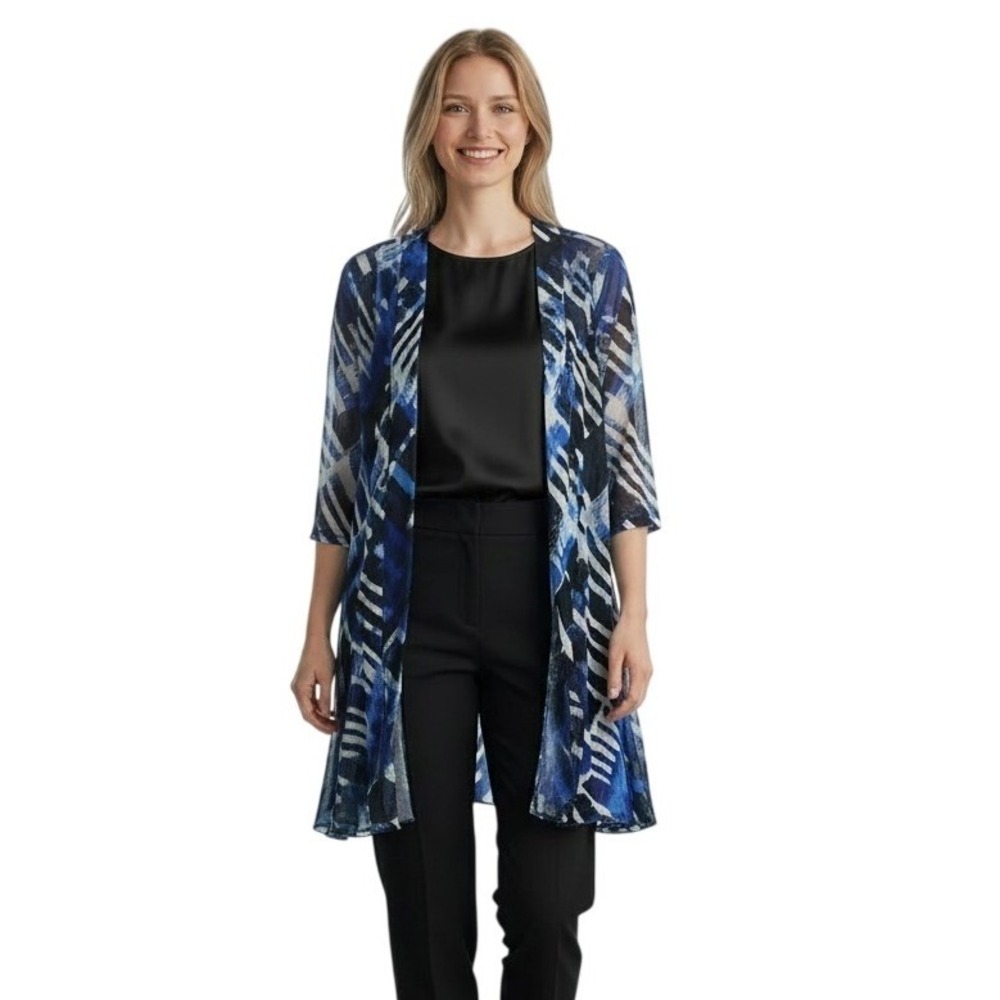 Creation Women Blue Black Abstract‎ Print Open Front Longline Cardigan Size M